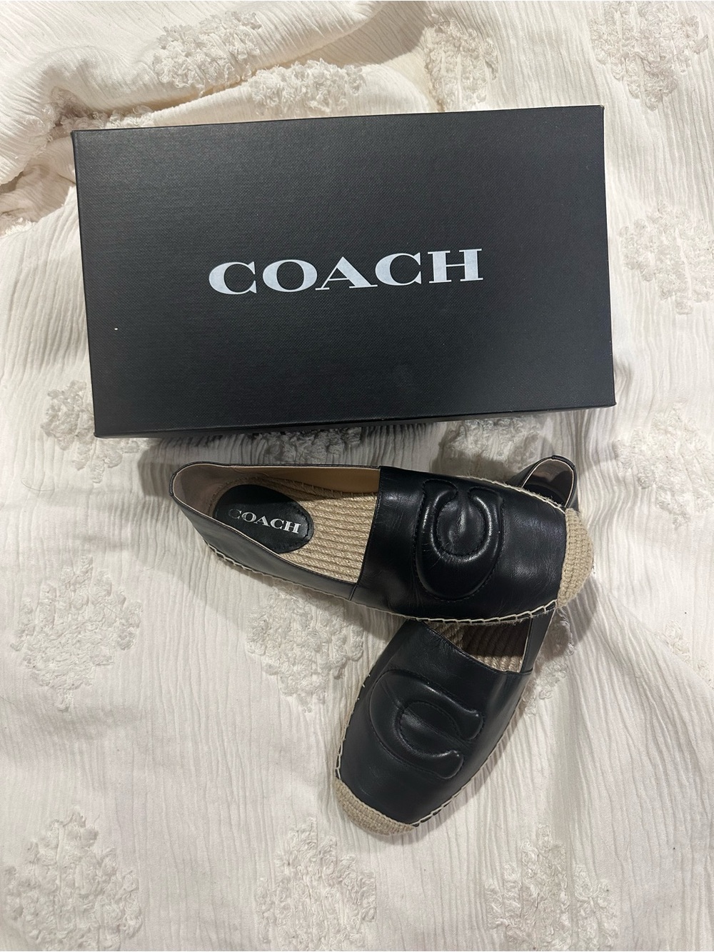 Coach Black Leather Espadrille Slip-Ons with Jute Trim